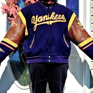 JH Design Vintage Yankee Stadium Jacket size 5X Navy Blue, Wool and Leather